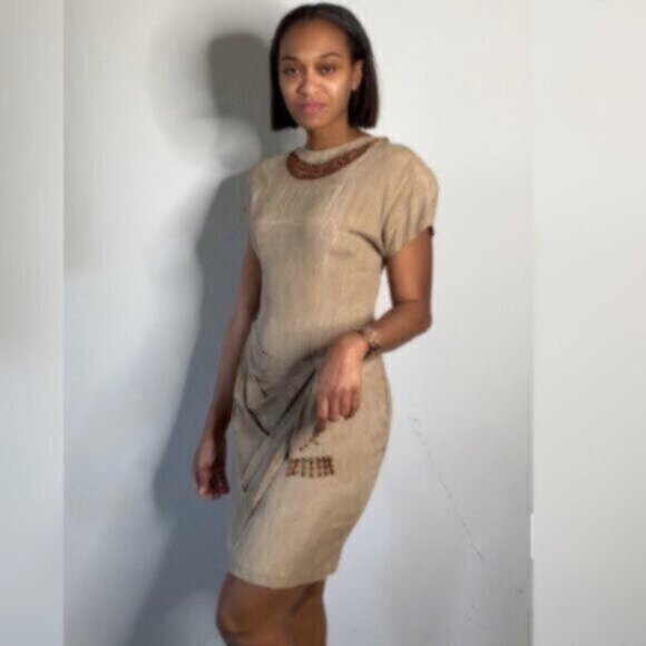 Scarlett Rare 70s Vintage Tigh Length Faux Wrap Beaded Ruching Dress - Picture 4 of 14